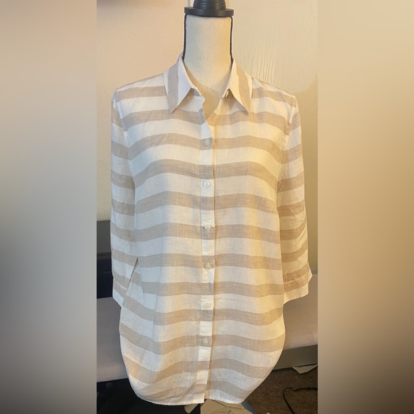 Chicos Linen NoIron Tan White Button Down Preppy Coastal Top Size 1.5 3/4 sleeve - Picture 1 of 5